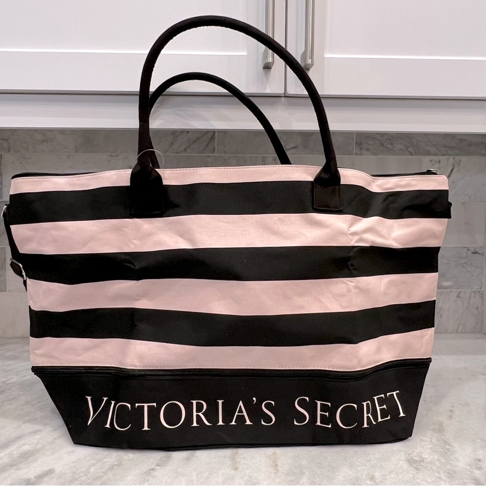 Victoria’s Secret Black Pink Striped Expandable Full Zippered Weekender Tote